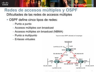 Redes de accesos múltiples y OSPF
 Dificultades de las redes de accesos múltiples
  OSPF define cinco tipos de redes:
     – Punto a punto
     – Accesos múltiples con broadcast
     – Accesos múltiples sin broadcast (NBMA)
     – Punto a multipunto
     – Enlaces virtuales




                              © 2007 Cisco Systems, Inc. Todos los derechos reservados.   Cisco Public   29
 