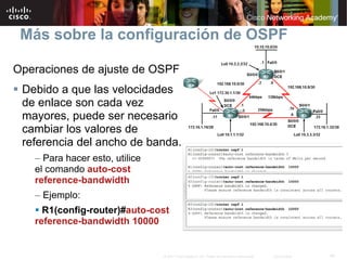 Más sobre la configuración de OSPF

Operaciones de ajuste de OSPF
 Debido a que las velocidades
 de enlace son cada vez
 mayores, puede ser necesario
 cambiar los valores de
 referencia del ancho de banda.
   – Para hacer esto, utilice
   el comando auto-cost
   reference-bandwidth
   – Ejemplo:
     R1(config-router)#auto-cost
   reference-bandwidth 10000


                                © 2007 Cisco Systems, Inc. Todos los derechos reservados.   Cisco Public   40
 