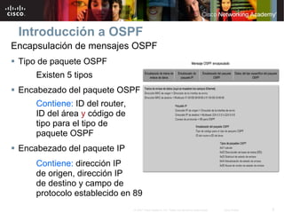 Introducción a OSPF
Encapsulación de mensajes OSPF
 Tipo de paquete OSPF
     Existen 5 tipos
 Encabezado del paquete OSPF
     Contiene: ID del router,
     ID del área y código de
     tipo para el tipo de
     paquete OSPF
 Encabezado del paquete IP
     Contiene: dirección IP
     de origen, dirección IP
     de destino y campo de
     protocolo establecido en 89
                                © 2007 Cisco Systems, Inc. Todos los derechos reservados.   Cisco Public   5
 
