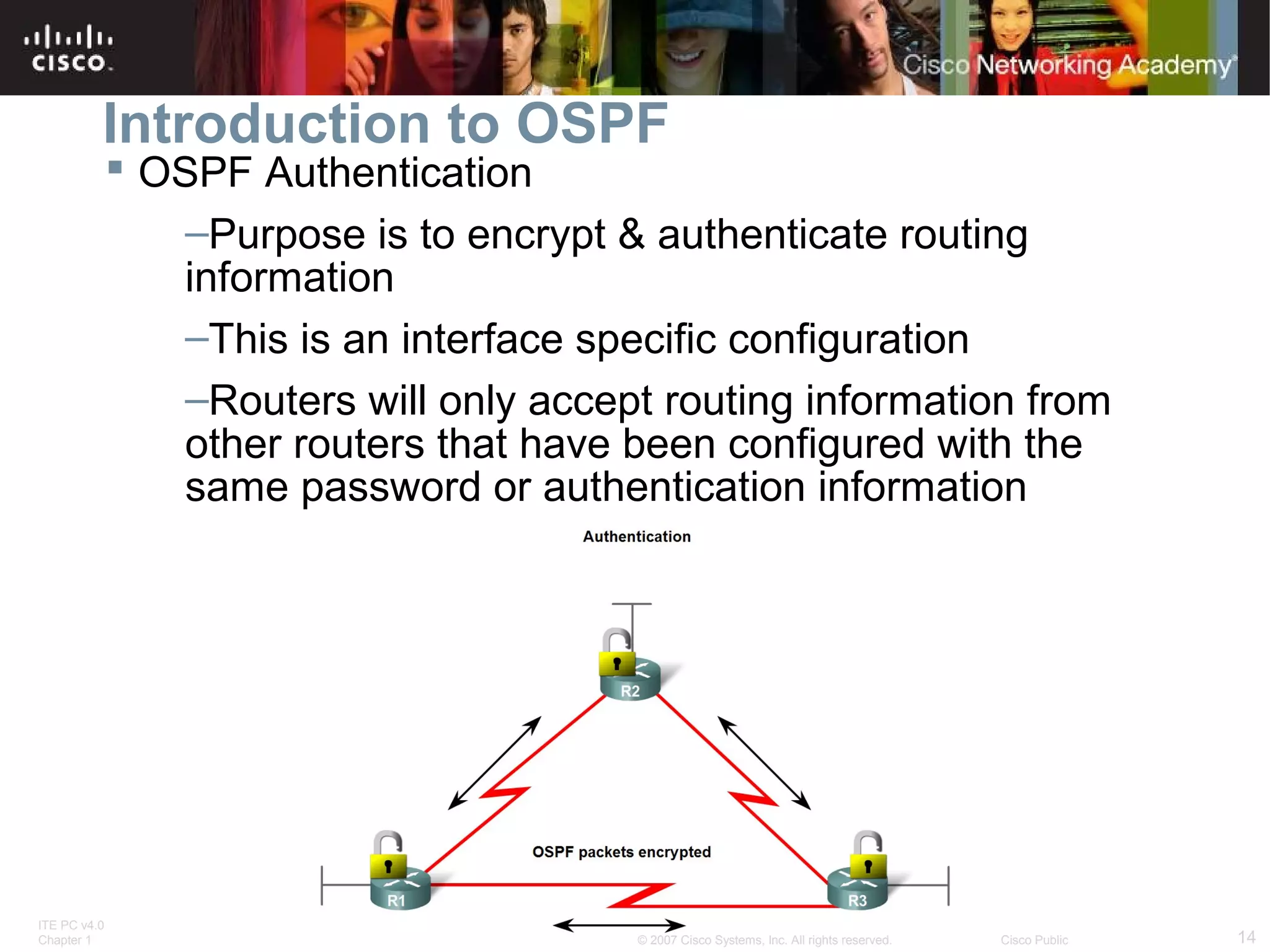 Introduction to OSPF

 OSPF Authentication
–Purpose is to encrypt & authenticate routing
information
–This is an interface specific configuration
–Routers will only accept routing information from
other routers that have been configured with the
same password or authentication information

ITE PC v4.0
Chapter 1

© 2007 Cisco Systems, Inc. All rights reserved.

Cisco Public

14

 