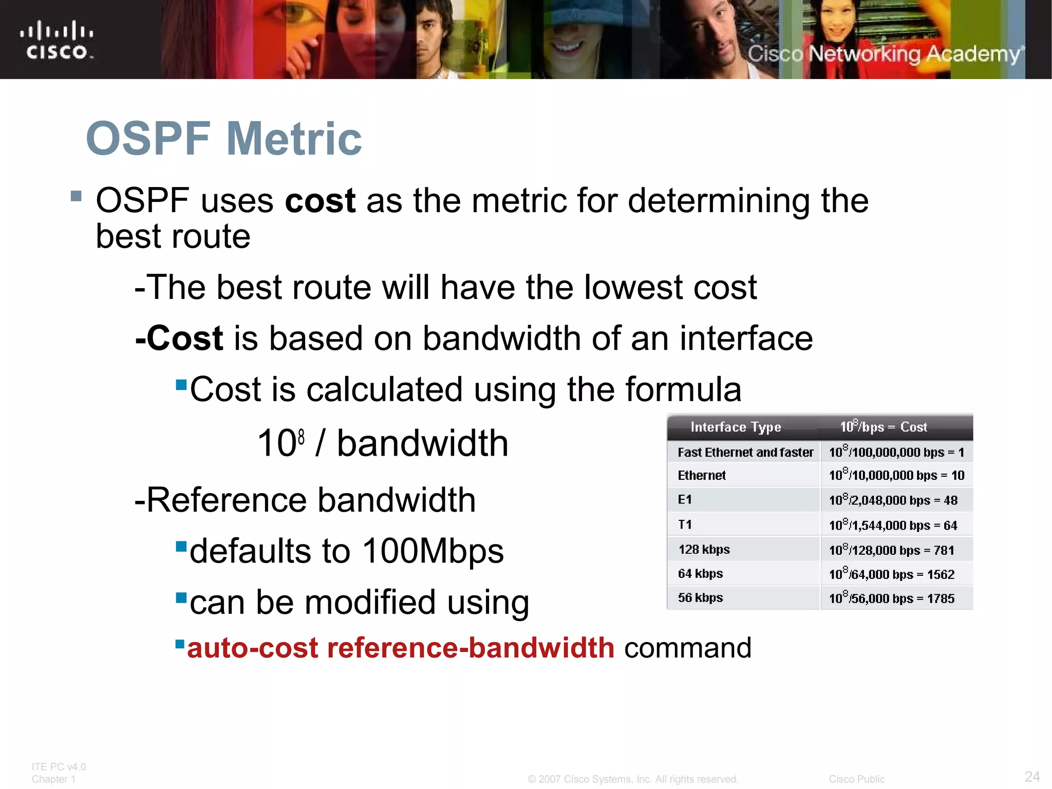 OSPF Metric
 OSPF uses cost as the metric for determining the
best route
-The best route will have the lowest cost
-Cost is based on bandwidth of an interface
Cost is calculated using the formula

108 / bandwidth
-Reference bandwidth
defaults to 100Mbps
can be modified using
auto-cost reference-bandwidth command

ITE PC v4.0
Chapter 1

© 2007 Cisco Systems, Inc. All rights reserved.

Cisco Public

24

 