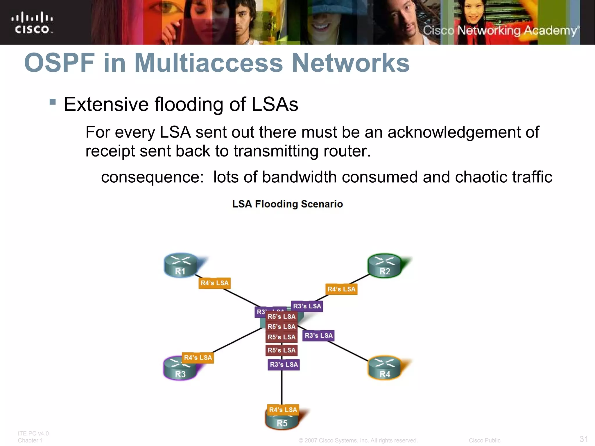 OSPF in Multiaccess Networks
 Extensive flooding of LSAs
For every LSA sent out there must be an acknowledgement of
receipt sent back to transmitting router.
consequence: lots of bandwidth consumed and chaotic traffic

ITE PC v4.0
Chapter 1

© 2007 Cisco Systems, Inc. All rights reserved.

Cisco Public

31

 