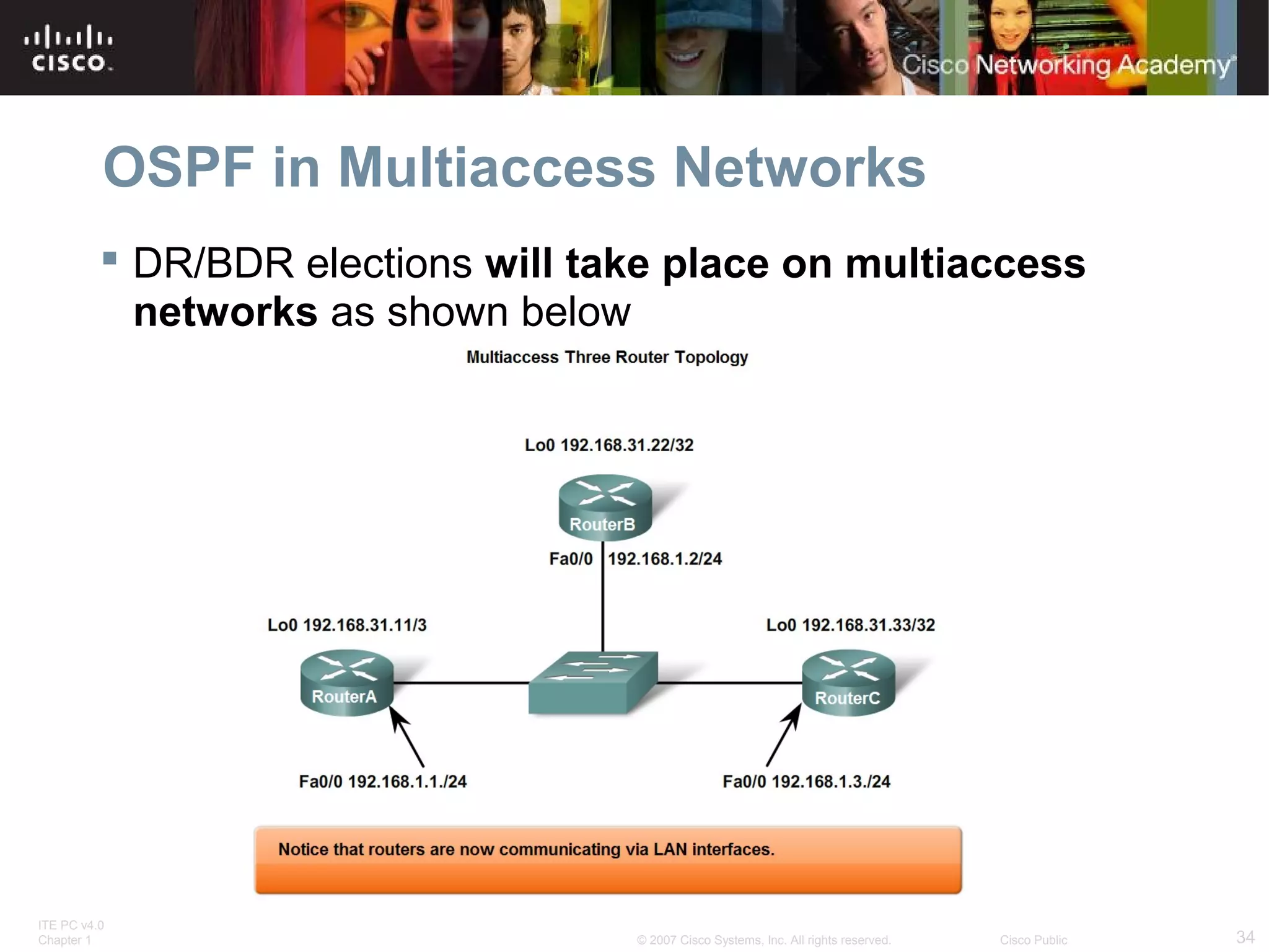 OSPF in Multiaccess Networks
 DR/BDR elections will take place on multiaccess
networks as shown below

ITE PC v4.0
Chapter 1

© 2007 Cisco Systems, Inc. All rights reserved.

Cisco Public

34

 