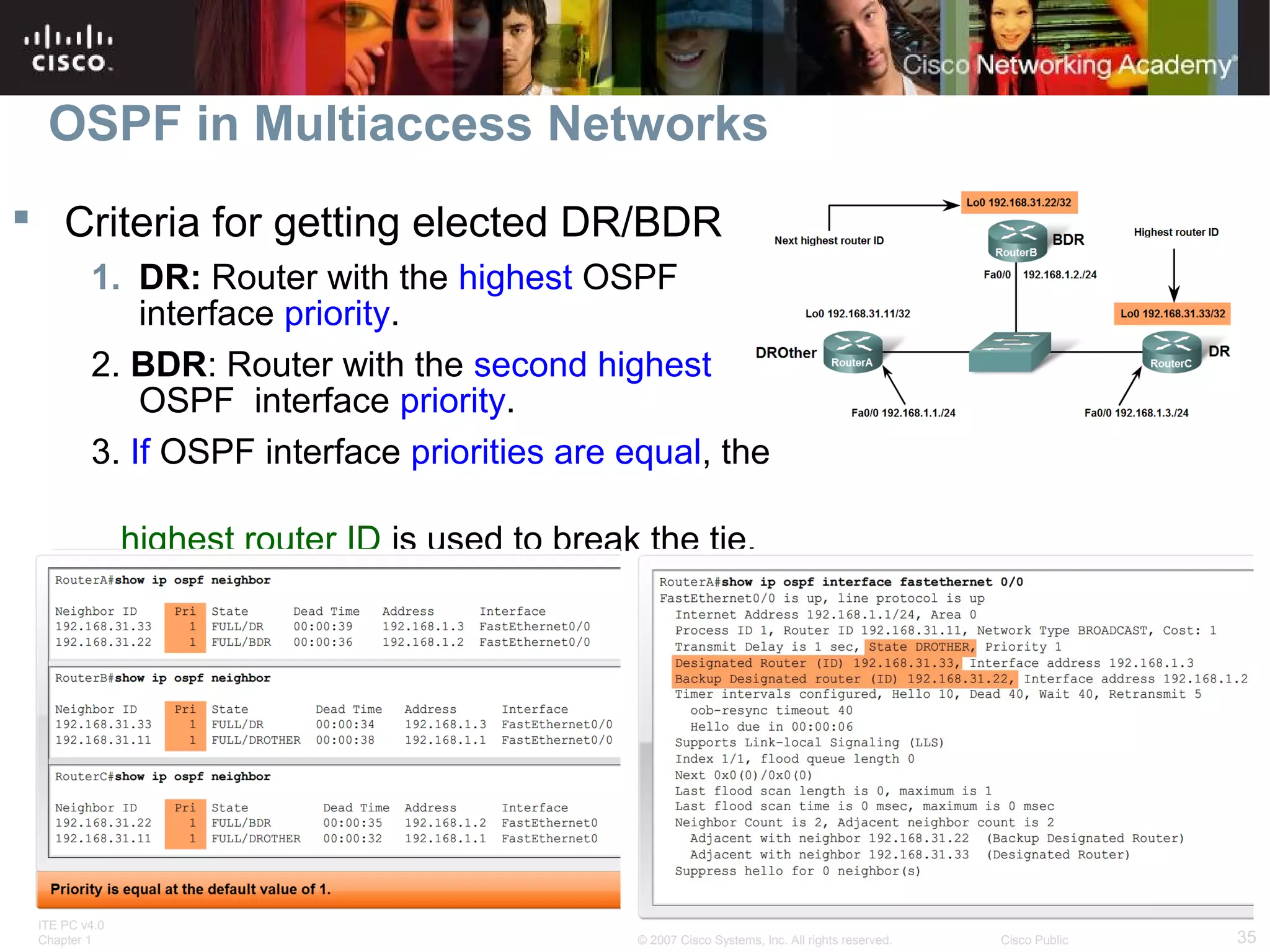 OSPF in Multiaccess Networks
 Criteria for getting elected DR/BDR
1. DR: Router with the highest OSPF
interface priority.
2. BDR: Router with the second highest
OSPF interface priority.
3. If OSPF interface priorities are equal, the
highest router ID is used to break the tie.

ITE PC v4.0
Chapter 1

© 2007 Cisco Systems, Inc. All rights reserved.

Cisco Public

35

 