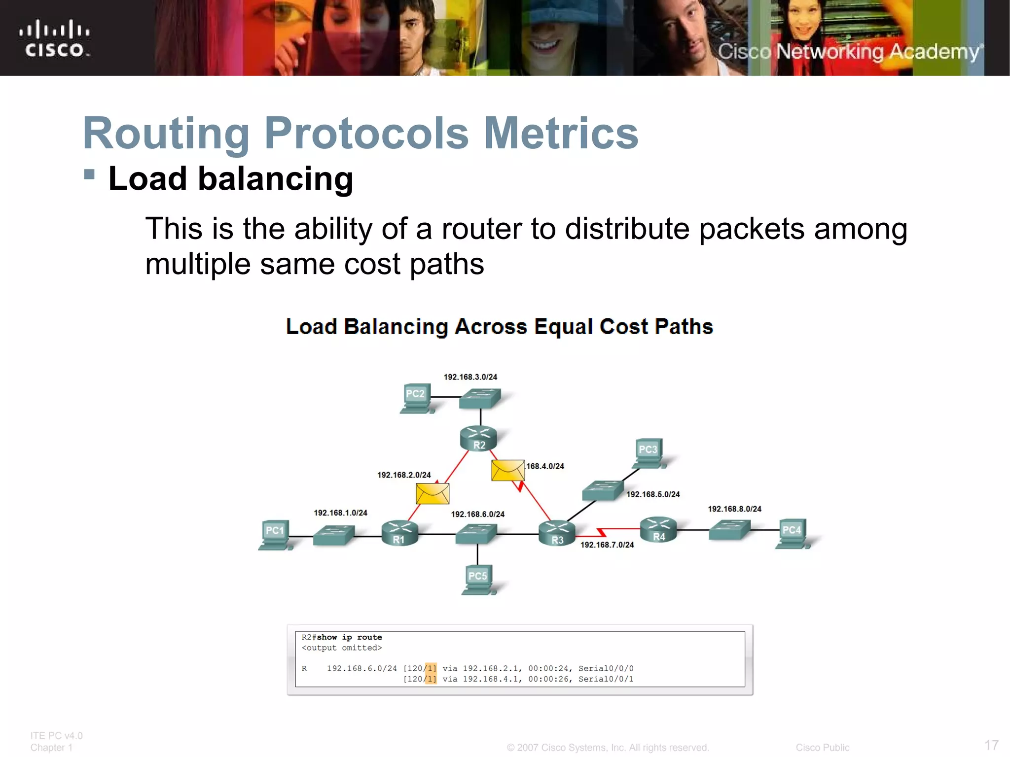 ITE PC v4.0
Chapter 1 17© 2007 Cisco Systems, Inc. All rights reserved. Cisco Public
Routing Protocols Metrics
 Load balancing
This is the ability of a router to distribute packets among
multiple same cost paths
 