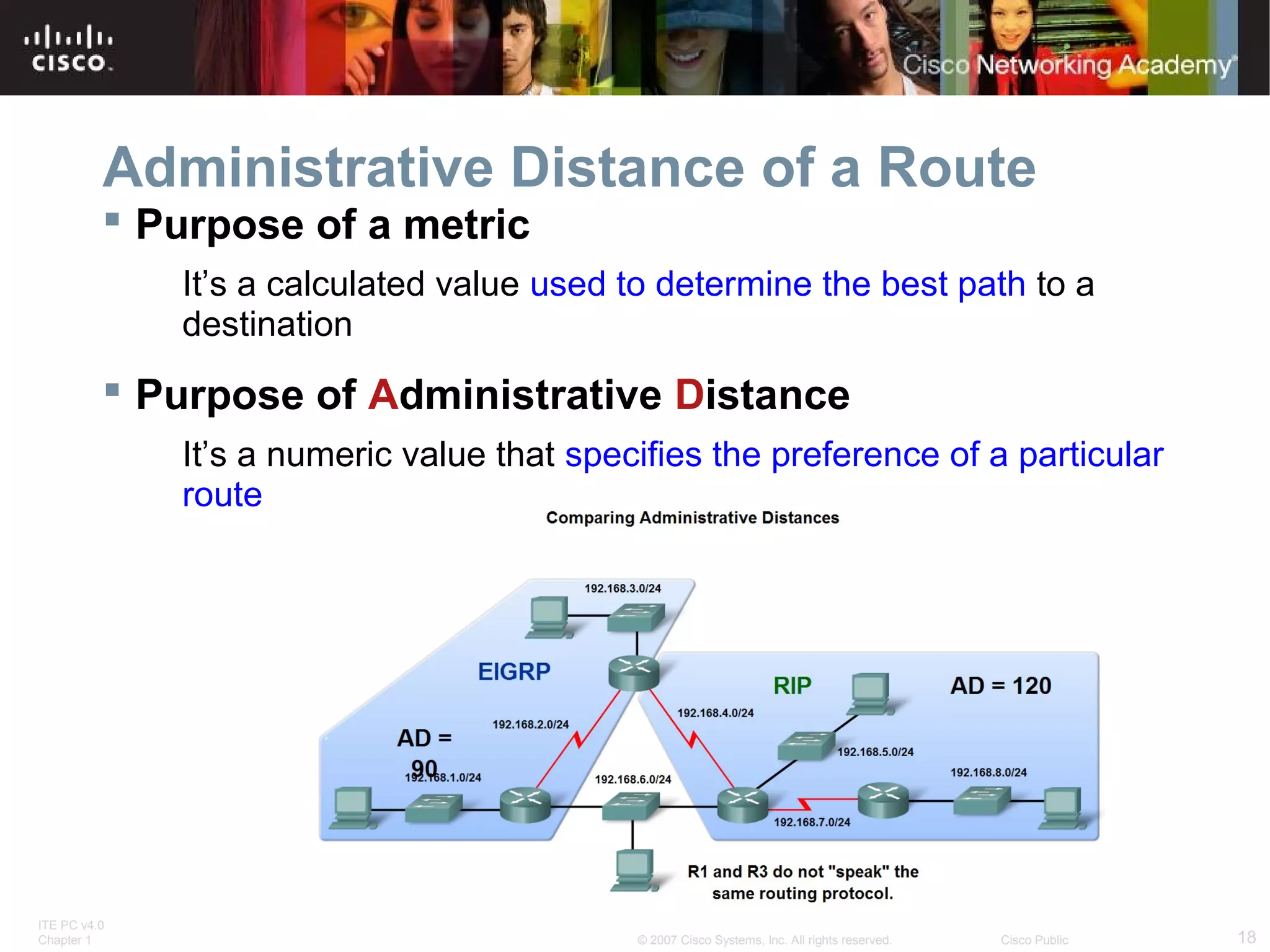 ITE PC v4.0
Chapter 1 18© 2007 Cisco Systems, Inc. All rights reserved. Cisco Public
Administrative Distance of a Route
 Purpose of a metric
It’s a calculated value used to determine the best path to a
destination
 Purpose of Administrative Distance
It’s a numeric value that specifies the preference of a particular
route
 