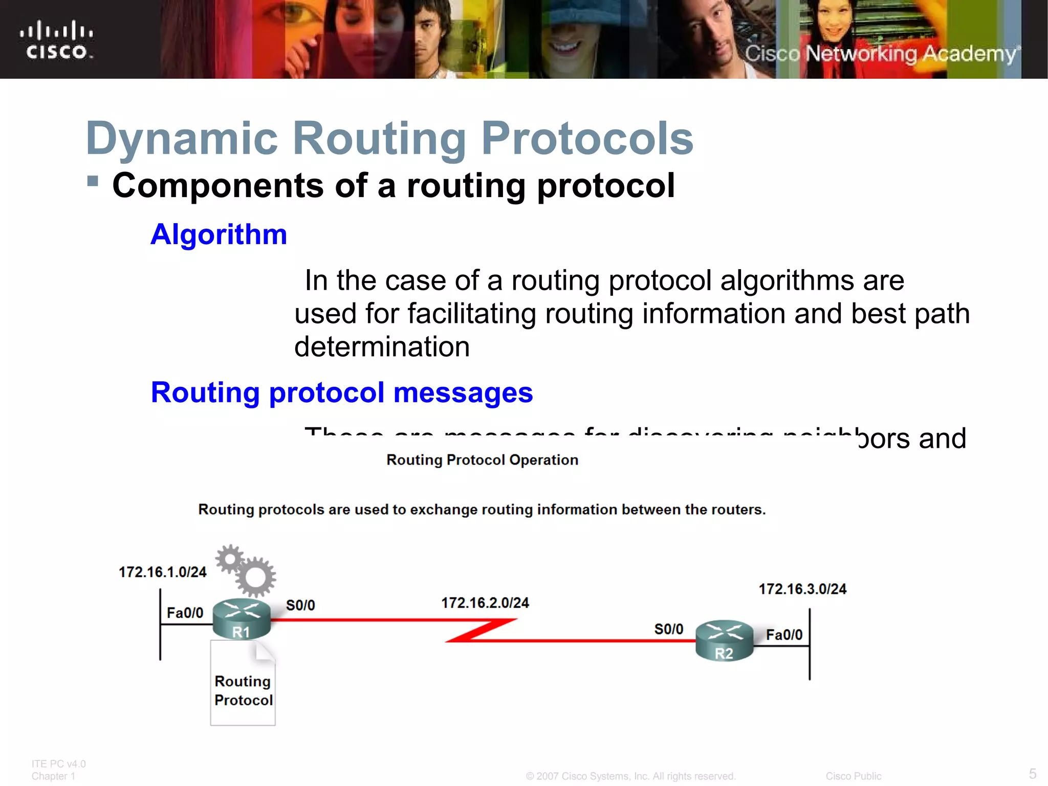 ITE PC v4.0
Chapter 1 5© 2007 Cisco Systems, Inc. All rights reserved. Cisco Public
Dynamic Routing Protocols
 Components of a routing protocol
Algorithm
In the case of a routing protocol algorithms are
used for facilitating routing information and best path
determination
Routing protocol messages
These are messages for discovering neighbors and
exchange of routing information
 