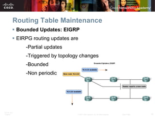 Routing Table Maintenance Bounded Updates: EIGRP EIRPG routing updates are  -Partial updates  -Triggered by topology changes  -Bounded  -Non periodic  