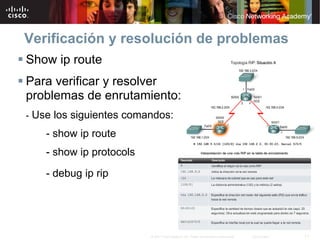 Verificación y resolución de problemas
Show ip route
Para verificar y resolver
problemas de enrutamiento:
-   Use los siguientes comandos:
      - show ip route
      - show ip protocols
      - debug ip rip




                            © 2007 Cisco Systems, Inc. Todos los derechos reservados.   Cisco Public   11
 