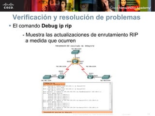 Verificación y resolución de problemas
El comando Debug ip rip
   - Muestra las actualizaciones de enrutamiento RIP
     a medida que ocurren




                          © 2007 Cisco Systems, Inc. Todos los derechos reservados.   Cisco Public   13
 