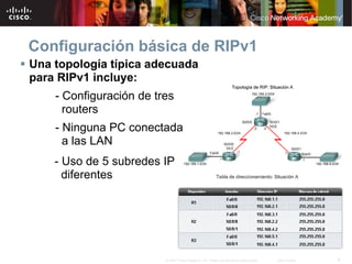Configuración básica de RIPv1
Una topología típica adecuada
para RIPv1 incluye:
    - Configuración de tres
      routers
    - Ninguna PC conectada
      a las LAN
    - Uso de 5 subredes IP
      diferentes




                         © 2007 Cisco Systems, Inc. Todos los derechos reservados.   Cisco Public   8
 