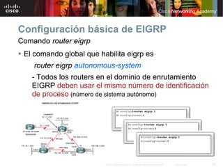 Configuración básica de EIGRP
Comando router eigrp
 El comando global que habilita eigrp es
    router eigrp autonomous-system
   - Todos los routers en el dominio de enrutamiento
   EIGRP deben usar el mismo número de identificación
   de proceso (número de sistema autónomo)




                         © 2007 Cisco Systems, Inc. Todos los derechos reservados.   Cisco Public   22
 