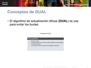 Conceptos de DUAL

 El algoritmo de actualización difusa (DUAL) se usa
 para evitar los bucles




                         © 2007 Cisco Systems, Inc. Todos los derechos reservados.   Cisco Public   39
 