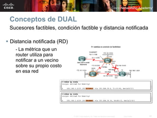 Conceptos de DUAL
Sucesores factibles, condición factible y distancia notificada

Distancia notificada (RD)
  - La métrica que un
  router utiliza para
  notificar a un vecino
  sobre su propio costo
  en esa red




                            © 2007 Cisco Systems, Inc. Todos los derechos reservados.   Cisco Public   42
 