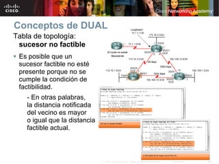 Conceptos de DUAL
Tabla de topología:
 sucesor no factible
 Es posible que un
 sucesor factible no esté
 presente porque no se
 cumple la condición de
 factibilidad.
   - En otras palabras,
   la distancia notificada
   del vecino es mayor
   o igual que la distancia
   factible actual.



                              © 2007 Cisco Systems, Inc. Todos los derechos reservados.   Cisco Public   46
 