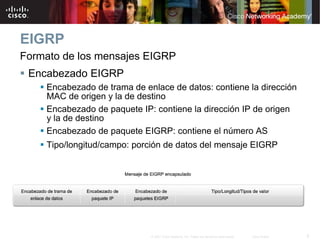 EIGRP
Formato de los mensajes EIGRP
 Encabezado EIGRP
    Encabezado de trama de enlace de datos: contiene la dirección
    MAC de origen y la de destino
    Encabezado de paquete IP: contiene la dirección IP de origen
    y la de destino
    Encabezado de paquete EIGRP: contiene el número AS
    Tipo/longitud/campo: porción de datos del mensaje EIGRP




                             © 2007 Cisco Systems, Inc. Todos los derechos reservados.   Cisco Public   5
 