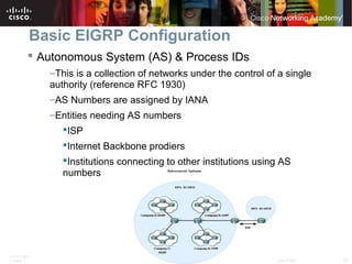 ITE PC v4.0
Chapter 1 20© 2007 Cisco Systems, Inc. All rights reserved. Cisco Public
Basic EIGRP Configuration
 Autonomous System (AS) & Process IDs
–This is a collection of networks under the control of a single
authority (reference RFC 1930)
–AS Numbers are assigned by IANA
–Entities needing AS numbers
ISP
Internet Backbone prodiers
Institutions connecting to other institutions using AS
numbers
 