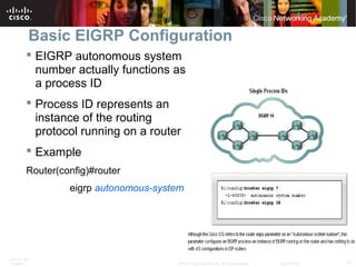 ITE PC v4.0
Chapter 1 21© 2007 Cisco Systems, Inc. All rights reserved. Cisco Public
Basic EIGRP Configuration
 EIGRP autonomous system
number actually functions as
a process ID
 Process ID represents an
instance of the routing
protocol running on a router
 Example
Router(config)#router
eigrp autonomous-system
 