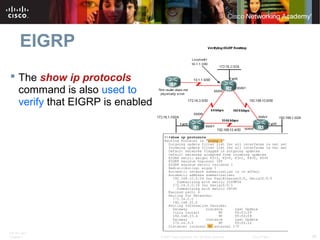 ITE PC v4.0
Chapter 1 26© 2007 Cisco Systems, Inc. All rights reserved. Cisco Public
EIGRP
 The show ip protocols
command is also used to
verify that EIGRP is enabled
 