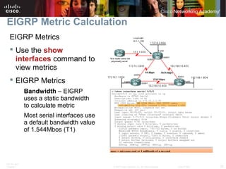 ITE PC v4.0
Chapter 1 32© 2007 Cisco Systems, Inc. All rights reserved. Cisco Public
EIGRP Metric Calculation
EIGRP Metrics
 Use the show
interfaces command to
view metrics
 EIGRP Metrics
Bandwidth – EIGRP
uses a static bandwidth
to calculate metric
Most serial interfaces use
a default bandwidth value
of 1.544Mbos (T1)
 