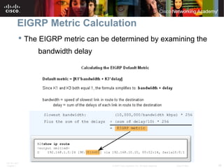 ITE PC v4.0
Chapter 1 36© 2007 Cisco Systems, Inc. All rights reserved. Cisco Public
EIGRP Metric Calculation
 The EIGRP metric can be determined by examining the
bandwidth delay
 