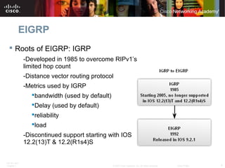 ITE PC v4.0
Chapter 1 4© 2007 Cisco Systems, Inc. All rights reserved. Cisco Public
EIGRP
 Roots of EIGRP: IGRP
-Developed in 1985 to overcome RIPv1’s
limited hop count
-Distance vector routing protocol
-Metrics used by IGRP
bandwidth (used by default)
Delay (used by default)
reliability
load
-Discontinued support starting with IOS
12.2(13)T & 12.2(R1s4)S
 