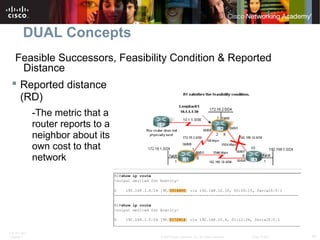 ITE PC v4.0
Chapter 1 42© 2007 Cisco Systems, Inc. All rights reserved. Cisco Public
DUAL Concepts
 Reported distance
(RD)
-The metric that a
router reports to a
neighbor about its
own cost to that
network
Feasible Successors, Feasibility Condition & Reported
Distance
 