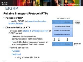 ITE PC v4.0
Chapter 1 9© 2007 Cisco Systems, Inc. All rights reserved. Cisco Public
EIGRP
Reliable Transport Protocol (RTP)
 Purpose of RTP
–Used by EIGRP to transmit and receive
EIGRP packets
 Characteristics of RTP
–Involves both reliable & unreliable delivery of
EIGRP packet
Reliable delivery requires
acknowledgment from destination
Unreliable delivery does not require an
acknowledgement from destination
–Packets can be sent
Unicast
Multicast
–Using address 224.0.0.10
 
