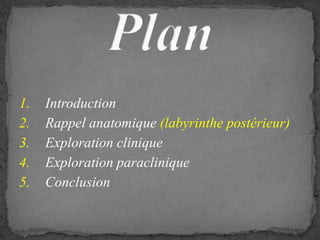 1. Introduction
2. Rappel anatomique (labyrinthe postérieur)
3. Exploration clinique
4. Exploration paraclinique
5. Conclusion
 