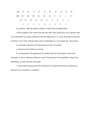 -102         -92       -82         -72        -62         -52       -42        -32      -22      -12        02

       100      81            64          49         36          25        16         9        4        1          0

              -19       -17         -15        -13         -11        -9         -7       -5       -3         -1

                    2         2           2           2           2         2         2        2        2

       d.) extend to -10do the patterns continue to hold in the extended tables?

       e.)Find a pattern in the results from pats abc above that would allow you to predict what

you would find if you made a difference table for fifth powers. To veriry the prediction directly

would be a lot of work. Instead, check youor overall patter in a very simple case, first powers.

       9. Look back at questions 8 from the point of view of a teacher.

       a. what lower level skill are involved

       b. would question 8 be appropriate for students who have just begun to work with

exponents or whose subtraction skills are weak? Could question 8 be modified to make it less

demanding, yet still reach the same goals.

       c. what would be gained and what would be lost if students did all the calculations in

question 8 on a calculator or computer?
 