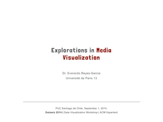 Explorations in Media 
Visualization 
Dr. Everardo Reyes-Garcia 
Université de Paris 13 
! 
PUC Santiago de Chile, September 1, 2014. 
Datawiz 2014 | Data Visualization Workshop | ACM Hypertext 
 