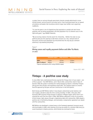 Social license in Peru: Exploring the roots of discord
                                                                                 April 2010




a project have no recourse through government channels already determined to move
mining forward, and are forced to use other tactics. Even local government has no upward
articulation and leaders like Cocachacra district mayor Juan Guillén start organizing
roadblocks.

“In Lima the game is one of stigmatizing that population as people who don’t know
anything, who are being manipulated, and that population has no coherent voice in this
high-level game,” says GRADE’s Damonte.

“We are turning violence into the search for citizenship… Neither the state nor any
political party has the capacity to take these concerns to a real, national level of
discussion and the local population has discovered that the only way [to command
attention] is by breaking everything.”


Figure 7
Mining canon and royalty payments before and after Tía María
(in soles)



                           Arequipa region      Islay province    Cocachacra district

         2009               572mn              13.7mn             3.35mn
         With Tía María*    909mn              90.9mn             43.8mn
        *Figures estimated by SCC using US$3/lb copper



                                                                        Source: SCC - MEF




Tintaya - A positive case study
In June 2006, Swiss multinational Xstrata acquired the Tintaya mine in Cuzco region - one
of Peru’s poorest - from BHP Billiton, and in March 2010, communities voted in favor of
Xstrata’s US$1.5bn project to develop the nearby Antapaccay deposit, extending Tintaya’s
life by more than 20 years and expanding output 60%. The company expects to receive
final EIS approval by mid-year and start construction in the third quarter.

Both Xstrata and BHP Billiton before it have blazed a determined social relations trail
over roughly a decade to keep the mine running smoothly. In 2002, a few years after
Australia’s BHP acquired Tintaya though its takeover of Magma Copper (which had in turn
acquired the mine from the state in 1994), BHP Billiton addressed a series of accusations
of prior human rights abuses through a negotiating table with communities. NGOs played a
positive role in facilitating dialogue, and eventually a compensation agreement was signed
with five communities.

BHP Billiton also developed a scheme known as the framework agreement (convenio marco)
with local leaders in 2003, which destines 3% of pre-tax profits or a minimum US$1.5mn/y to
social investment in Espinar province, which Xstrata has continued to honor.

                                                                        www.BNamericas.com
                    Page 13
 