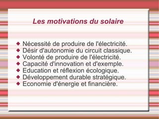 Les motivations du solaire Nécessité de produire de l'électricité. Désir d'autonomie du circuit classique. Volonté de produire de l'électricité. Capacité d'innovation et d'exemple. Education et réflexion écologique. Développement durable stratégique. Economie d'énergie et financière. 