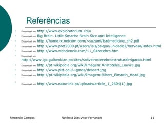 Referências
   
       Disponível em   http://www.exploratorium.edu/
   
       Disponível em   Big Brain, Little Smarts: Brain Size and Intelligence
   
       Disponível em   http://home.ix.netcom.com/~suzumi/badmedicine_ch2.pdf
   
       Disponível em   http://www.prof2000.pt/users/isis/psique/unidade2/nervoso/index.html
   
       Disponível em   http://www.webciencia.com/11_04cerebro.htm
   
       Disponível em

       http://www.igc.gulbenkian.pt/sites/soliveira/cerebroestruturairrigacao.html
   
       Disponível em http://pt.wikipedia.org/wiki/Imagem:Aristoteles_Louvre.jpg

   
       Disponível em http://www.pitt.edu/~gmas/descart.jpg

   
       Disponível em http://pt.wikipedia.org/wiki/Imagem:Albert_Einstein_Head.jpg



                       http://www.naturlink.pt/uploads/article_1_2604(1).jpg
   
       Disponível em




Fernando Campos                     Natércia Dias,Vitor Fernandes                    11
 