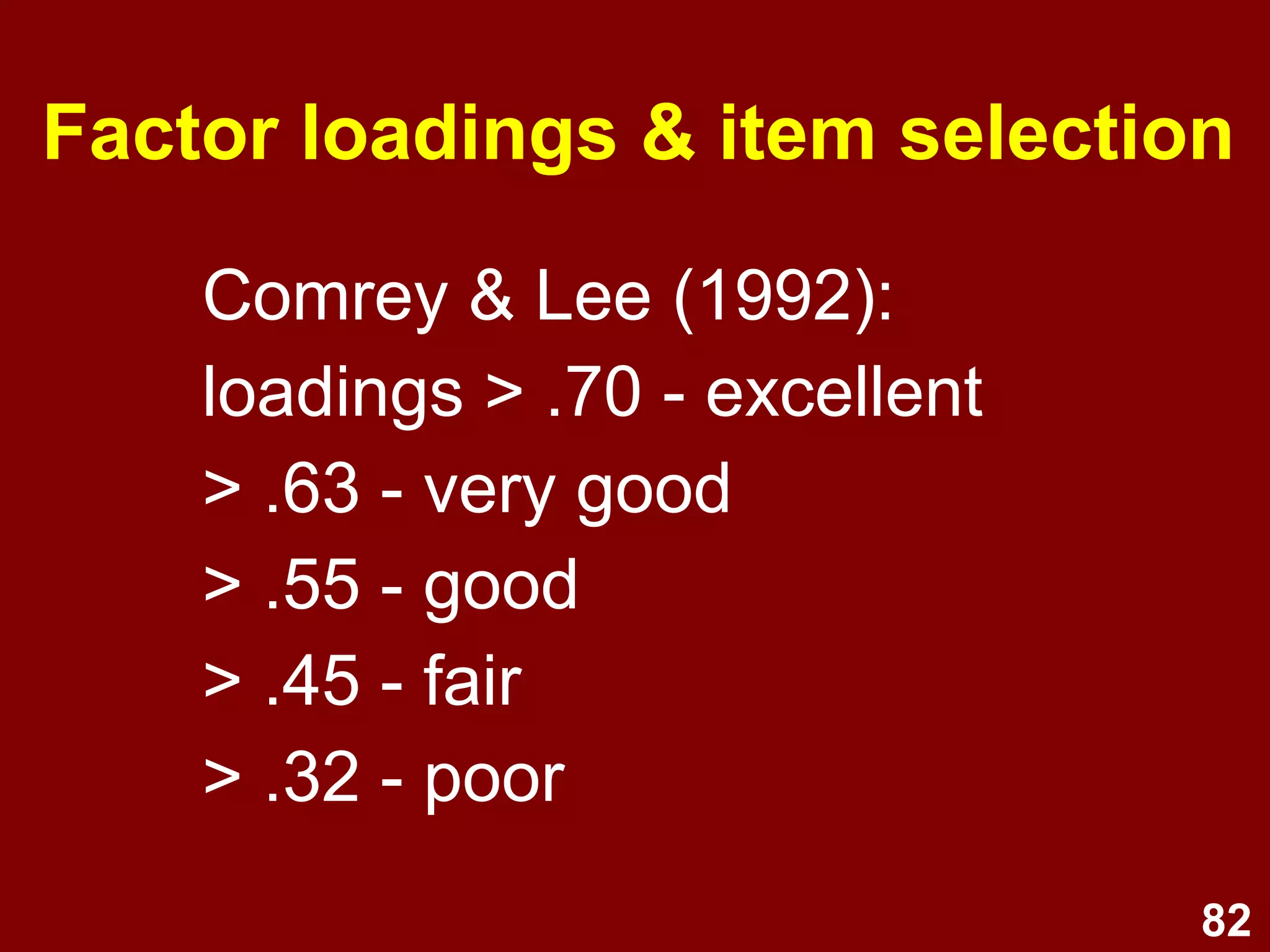 82
Factor loadings & item selection
Comrey & Lee (1992):
loadings > .70 - excellent
> .63 - very good
> .55 - good
> .45 - fair
> .32 - poor
 