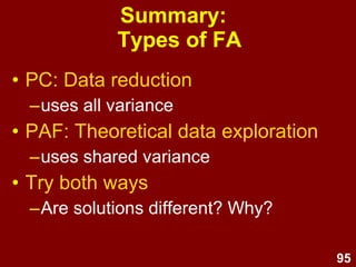 95
Summary:
Types of FA
• PC: Data reduction
–uses all variance
• PAF: Theoretical data exploration
–uses shared variance
• Try both ways
–Are solutions different? Why?
 