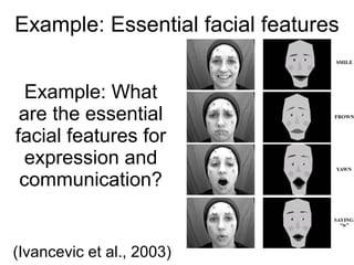 23
What are the
essential facial
features for
expression and
communication?
(Ivancevic et al., 2003)
Example: Essential facial features
 