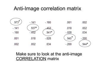 42
Assumption testing:
Outliers
• FA is sensitive to outlying
(unusual) cases, including:
–Bivariate outliers
(e.g., check scatterplots)
–Multivariate outliers
(e.g., Mahalanobis’ distance)
• Identify outliers, then remove or
recode if they are influential
 