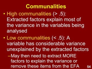 54
Variance components
Total variance of a variable
Common
variance
(shared with
other
variables)
Unique
variance
(not shared
with other
variables)
PAF
PC
 