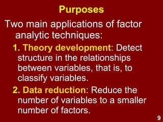 9
Purposes
Two main applications of factor
analytic techniques:
1. Theory development:
Detect and test structure in the
relationships between variables,
identify factors, and classify variables.
2. Data reduction:
Reduce the number of variables down
to a smaller number of factors.
 