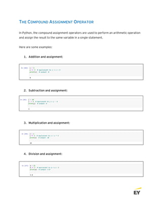 THE COMPOUND ASSIGNMENT OPERATOR
In Python, the compound assignment operators are used to perform an arithmetic operation
and assign the result to the same variable in a single statement.
Here are some examples:
1. Addition and assignment:
2. Subtraction and assignment:
3. Multiplication and assignment:
4. Division and assignment:
 