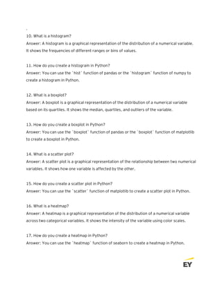 .
10. What is a histogram?
Answer: A histogram is a graphical representation of the distribution of a numerical variable.
It shows the frequencies of different ranges or bins of values.
11. How do you create a histogram in Python?
Answer: You can use the `hist` function of pandas or the `histogram` function of numpy to
create a histogram in Python.
12. What is a boxplot?
Answer: A boxplot is a graphical representation of the distribution of a numerical variable
based on its quartiles. It shows the median, quartiles, and outliers of the variable.
13. How do you create a boxplot in Python?
Answer: You can use the `boxplot` function of pandas or the `boxplot` function of matplotlib
to create a boxplot in Python.
14. What is a scatter plot?
Answer: A scatter plot is a graphical representation of the relationship between two numerical
variables. It shows how one variable is affected by the other.
15. How do you create a scatter plot in Python?
Answer: You can use the `scatter` function of matplotlib to create a scatter plot in Python.
16. What is a heatmap?
Answer: A heatmap is a graphical representation of the distribution of a numerical variable
across two categorical variables. It shows the intensity of the variable using color scales.
17. How do you create a heatmap in Python?
Answer: You can use the `heatmap` function of seaborn to create a heatmap in Python.
 
