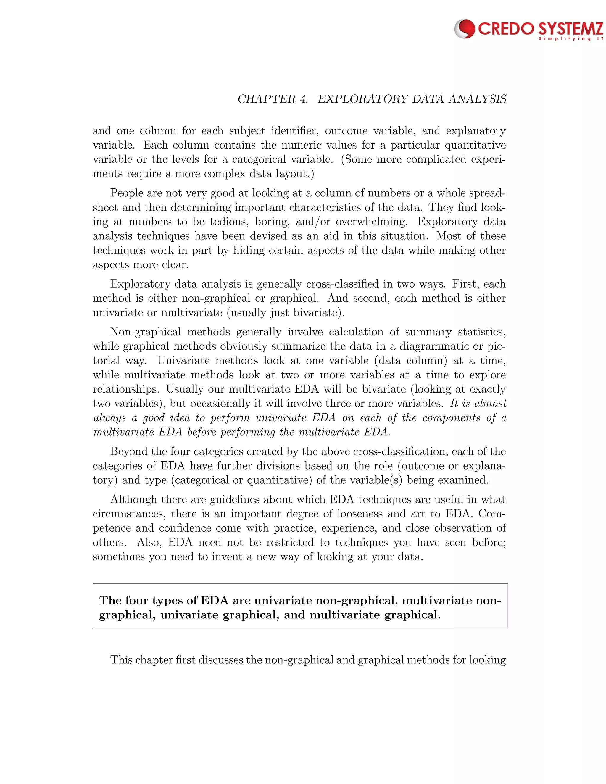 62 CHAPTER 4. EXPLORATORY DATA ANALYSIS
and one column for each subject identiﬁer, outcome variable, and explanatory
variable. Each column contains the numeric values for a particular quantitative
variable or the levels for a categorical variable. (Some more complicated experi-
ments require a more complex data layout.)
People are not very good at looking at a column of numbers or a whole spread-
sheet and then determining important characteristics of the data. They ﬁnd look-
ing at numbers to be tedious, boring, and/or overwhelming. Exploratory data
analysis techniques have been devised as an aid in this situation. Most of these
techniques work in part by hiding certain aspects of the data while making other
aspects more clear.
Exploratory data analysis is generally cross-classiﬁed in two ways. First, each
method is either non-graphical or graphical. And second, each method is either
univariate or multivariate (usually just bivariate).
Non-graphical methods generally involve calculation of summary statistics,
while graphical methods obviously summarize the data in a diagrammatic or pic-
torial way. Univariate methods look at one variable (data column) at a time,
while multivariate methods look at two or more variables at a time to explore
relationships. Usually our multivariate EDA will be bivariate (looking at exactly
two variables), but occasionally it will involve three or more variables. It is almost
always a good idea to perform univariate EDA on each of the components of a
multivariate EDA before performing the multivariate EDA.
Beyond the four categories created by the above cross-classiﬁcation, each of the
categories of EDA have further divisions based on the role (outcome or explana-
tory) and type (categorical or quantitative) of the variable(s) being examined.
Although there are guidelines about which EDA techniques are useful in what
circumstances, there is an important degree of looseness and art to EDA. Com-
petence and conﬁdence come with practice, experience, and close observation of
others. Also, EDA need not be restricted to techniques you have seen before;
sometimes you need to invent a new way of looking at your data.
The four types of EDA are univariate non-graphical, multivariate non-
graphical, univariate graphical, and multivariate graphical.
This chapter ﬁrst discusses the non-graphical and graphical methods for looking
 