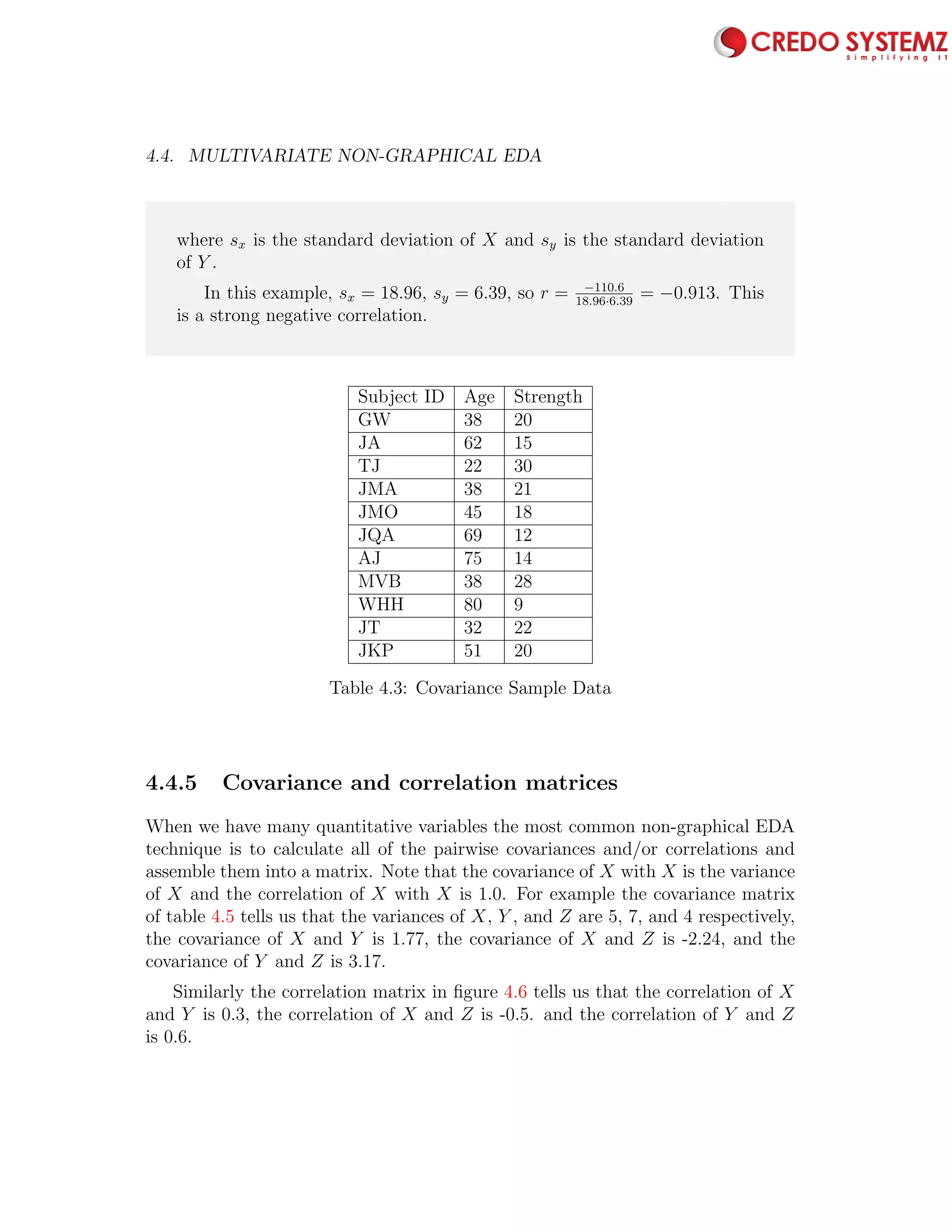 4.4. MULTIVARIATE NON-GRAPHICAL EDA 93
where sx is the standard deviation of X and sy is the standard deviation
of Y .
In this example, sx = 18.96, sy = 6.39, so r = −110.6
18.96·6.39
= −0.913. This
is a strong negative correlation.
Subject ID Age Strength
GW 38 20
JA 62 15
TJ 22 30
JMA 38 21
JMO 45 18
JQA 69 12
AJ 75 14
MVB 38 28
WHH 80 9
JT 32 22
JKP 51 20
Table 4.3: Covariance Sample Data
4.4.5 Covariance and correlation matrices
When we have many quantitative variables the most common non-graphical EDA
technique is to calculate all of the pairwise covariances and/or correlations and
assemble them into a matrix. Note that the covariance of X with X is the variance
of X and the correlation of X with X is 1.0. For example the covariance matrix
of table 4.5 tells us that the variances of X, Y , and Z are 5, 7, and 4 respectively,
the covariance of X and Y is 1.77, the covariance of X and Z is -2.24, and the
covariance of Y and Z is 3.17.
Similarly the correlation matrix in ﬁgure 4.6 tells us that the correlation of X
and Y is 0.3, the correlation of X and Z is -0.5. and the correlation of Y and Z
is 0.6.
 