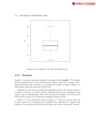 4.3. UNIVARIATE GRAPHICAL EDA 79
qq
2468
X
Figure 4.6: A boxplot of the data from EDA1.dat.
4.3.3 Boxplots
Another very useful univariate graphical technique is the boxplot. The boxplot
will be described here in its vertical format, which is the most common, but a
horizontal format also is possible. An example of a boxplot is shown in ﬁgure 4.6,
which again represents the data in EDA1.dat.
Boxplots are very good at presenting information about the central tendency,
symmetry and skew, as well as outliers, although they can be misleading about
aspects such as multimodality. One of the best uses of boxplots is in the form of
side-by-side boxplots (see multivariate graphical analysis below).
Figure 4.7 is an annotated version of ﬁgure 4.6. Here you can see that the
boxplot consists of a rectangular box bounded above and below by “hinges” that
represent the quartiles Q3 and Q1 respectively, and with a horizontal “median”
 