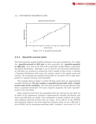 4.3. UNIVARIATE GRAPHICAL EDA 83
Figure 4.8: A quantile-normal plot.
4.3.4 Quantile-normal plots
The ﬁnal univariate graphical EDA technique is the most complicated. It is called
the quantile-normal or QN plot or more generality the quantile-quantile
or QQ plot. It is used to see how well a particular sample follows a particular
theoretical distribution. Although it can be used for any theoretical distribution,
we will limit our attention to seeing how well a sample of data of size n matches
a Gaussian distribution with mean and variance equal to the sample mean and
variance. By examining the quantile-normal plot we can detect left or right skew,
positive or negative kurtosis, and bimodality.
The example shown in ﬁgure 4.8 shows 20 data points that are approximately
normally distributed. Do not confuse a quantile-normal plot with a simple
scatter plot of two variables. The title and axis labels are strong indicators that
this is a quantile-normal plot. For many computer programs, the word “quantile”
is also in the axis labels.
Many statistical tests have the assumption that the outcome for any ﬁxed set
of values of the explanatory variables is approximately normally distributed, and
that is why QN plots are useful: if the assumption is grossly violated, the p-value
and conﬁdence intervals of those tests are wrong. As we will see in the ANOVA
and regression chapters, the most important situation where we use a QN plot is
not for EDA, but for examining something called “residuals” (see section 9.4). For
 
