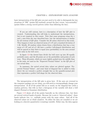 84 CHAPTER 4. EXPLORATORY DATA ANALYSIS
basic interpretation of the QN plot you just need to be able to distinguish the two
situations of “OK” (points fall randomly around the line) versus “non-normality”
(points follow a strong curved pattern rather than following the line).
If you are still curious, here is a description of how the QN plot is
created. Understanding this will help to understand the interpretation,
but is not required in this course. Note that some programs swap the x
and y axes from the way described here, but the interpretation is similar
for all versions of QN plots. Consider the 20 values observed in this study.
They happen to have an observed mean of 1.37 and a standard deviation of
1.36. Ideally, 20 random values drawn from a distribution that has a true
mean of 1.37 and sd of 1.36 have a perfect bell-shaped distribution and
will be spaced so that there is equal area (probability) in the area around
each value in the bell curve.
In ﬁgure 4.9 the dotted lines divide the bell curve up into 20 equally
probable zones, and the 20 points are at the probability mid-points of each
zone. These 20 points, which are more tightly packed near the middle than
in the ends, are used as the “Expected Normal Values” in the QN plot of
our actual data.
In summary, the sorted actual data values are plotted against “Ex-
pected Normal Values”, and some kind of diagonal line is added to help
direct the eye towards a perfect straight line on the quantile-normal plot
that represents a perfect bell shape for the observed data.
The interpretation of the QN plot is given here. If the axes are reversed in
the computer package you are using, you will need to correspondingly change your
interpretation. If all of the points fall on or nearly on the diagonal line (with a
random pattern), this tells us that a histogram of the variable will show a bell
shaped (Normal or Gaussian) distribution.
Figure 4.10 shows all of the points basically on the reference line, but there
are several vertical bands of points. Because the x-axis is “observed values”, these
bands indicate ties, i.e., multiple points with the same values. And all of the
observed values are at whole numbers. So either the data are rounded or we are
looking at a discrete quantitative (counting) variable. Either way, the data appear
 