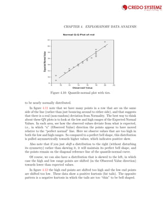 86 CHAPTER 4. EXPLORATORY DATA ANALYSIS
Figure 4.10: Quantile-normal plot with ties.
to be nearly normally distributed.
In ﬁgure 4.11 note that we have many points in a row that are on the same
side of the line (rather than just bouncing around to either side), and that suggests
that there is a real (non-random) deviation from Normality. The best way to think
about these QN plots is to look at the low and high ranges of the Expected Normal
Values. In each area, see how the observed values deviate from what is expected,
i.e., in which “x” (Observed Value) direction the points appear to have moved
relative to the “perfect normal” line. Here we observe values that are too high in
both the low and high ranges. So compared to a perfect bell shape, this distribution
is pulled asymmetrically towards higher values, which indicates positive skew.
Also note that if you just shift a distribution to the right (without disturbing
its symmetry) rather than skewing it, it will maintain its perfect bell shape, and
the points remain on the diagonal reference line of the quantile-normal curve.
Of course, we can also have a distribution that is skewed to the left, in which
case the high and low range points are shifted (in the Observed Value direction)
towards lower than expected values.
In ﬁgure 4.12 the high end points are shifted too high and the low end points
are shifted too low. These data show a positive kurtosis (fat tails). The opposite
pattern is a negative kurtosis in which the tails are too “thin” to be bell shaped.
 