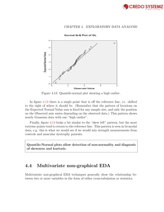 88 CHAPTER 4. EXPLORATORY DATA ANALYSIS
Figure 4.13: Quantile-normal plot showing a high outlier.
In ﬁgure 4.13 there is a single point that is oﬀ the reference line, i.e. shifted
to the right of where it should be. (Remember that the pattern of locations on
the Expected Normal Value axis is ﬁxed for any sample size, and only the position
on the Observed axis varies depending on the observed data.) This pattern shows
nearly Gaussian data with one “high outlier”.
Finally, ﬁgure 4.14 looks a bit similar to the “skew left” pattern, but the most
extreme points tend to return to the reference line. This pattern is seen in bi-modal
data, e.g. this is what we would see if we would mix strength measurements from
controls and muscular dystrophy patients.
Quantile-Normal plots allow detection of non-normality and diagnosis
of skewness and kurtosis.
4.4 Multivariate non-graphical EDA
Multivariate non-graphical EDA techniques generally show the relationship be-
tween two or more variables in the form of either cross-tabulation or statistics.
 