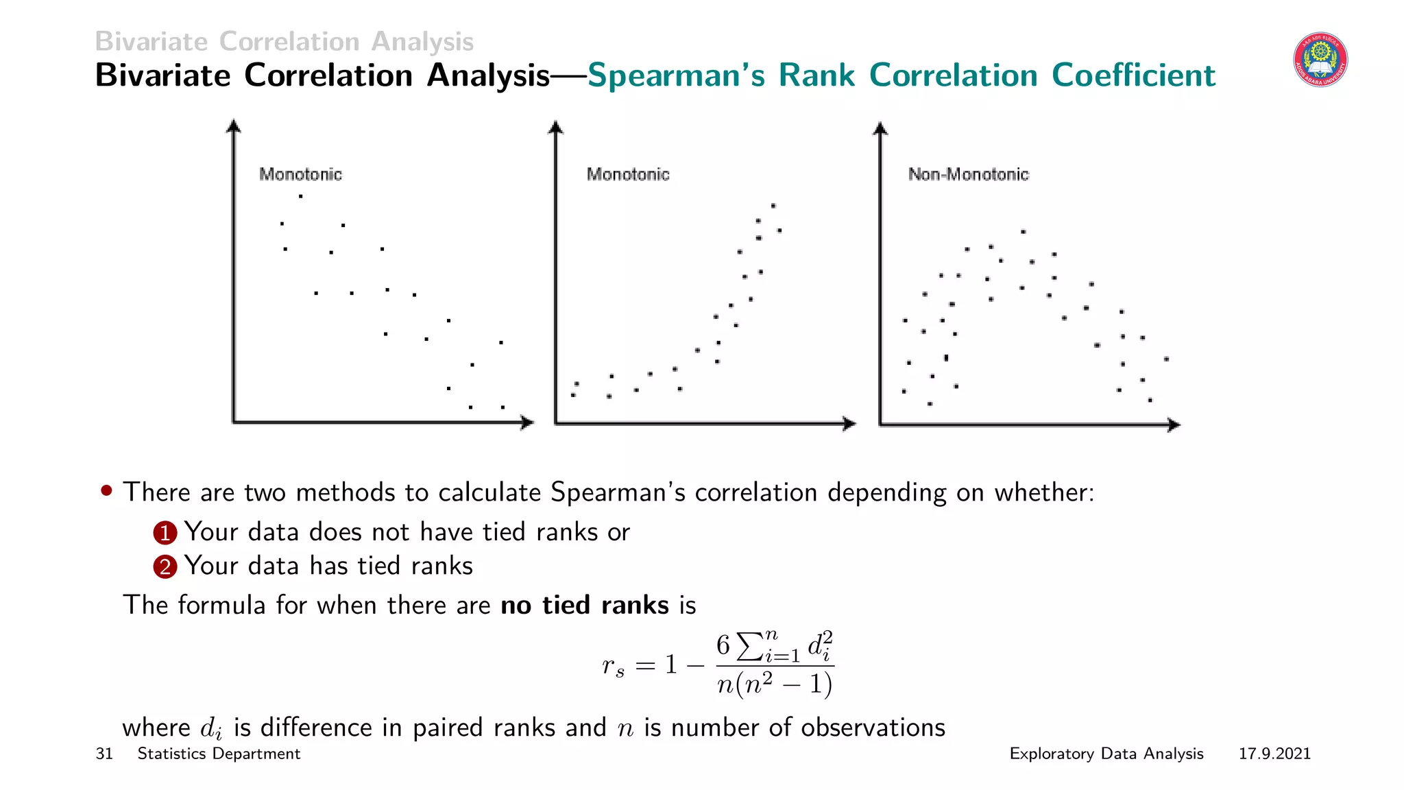 Bivariate Correlation Analysis
Bivariate Correlation Analysis—Spearman’s Rank Correlation Coefficient
• There are two methods to calculate Spearman’s correlation depending on whether:
1 Your data does not have tied ranks or
2 Your data has tied ranks
The formula for when there are no tied ranks is
rs = 1 −
6
Pn
i=1 d2
i
n(n2 − 1)
where di is difference in paired ranks and n is number of observations
31 Statistics Department Exploratory Data Analysis 17.9.2021
 
